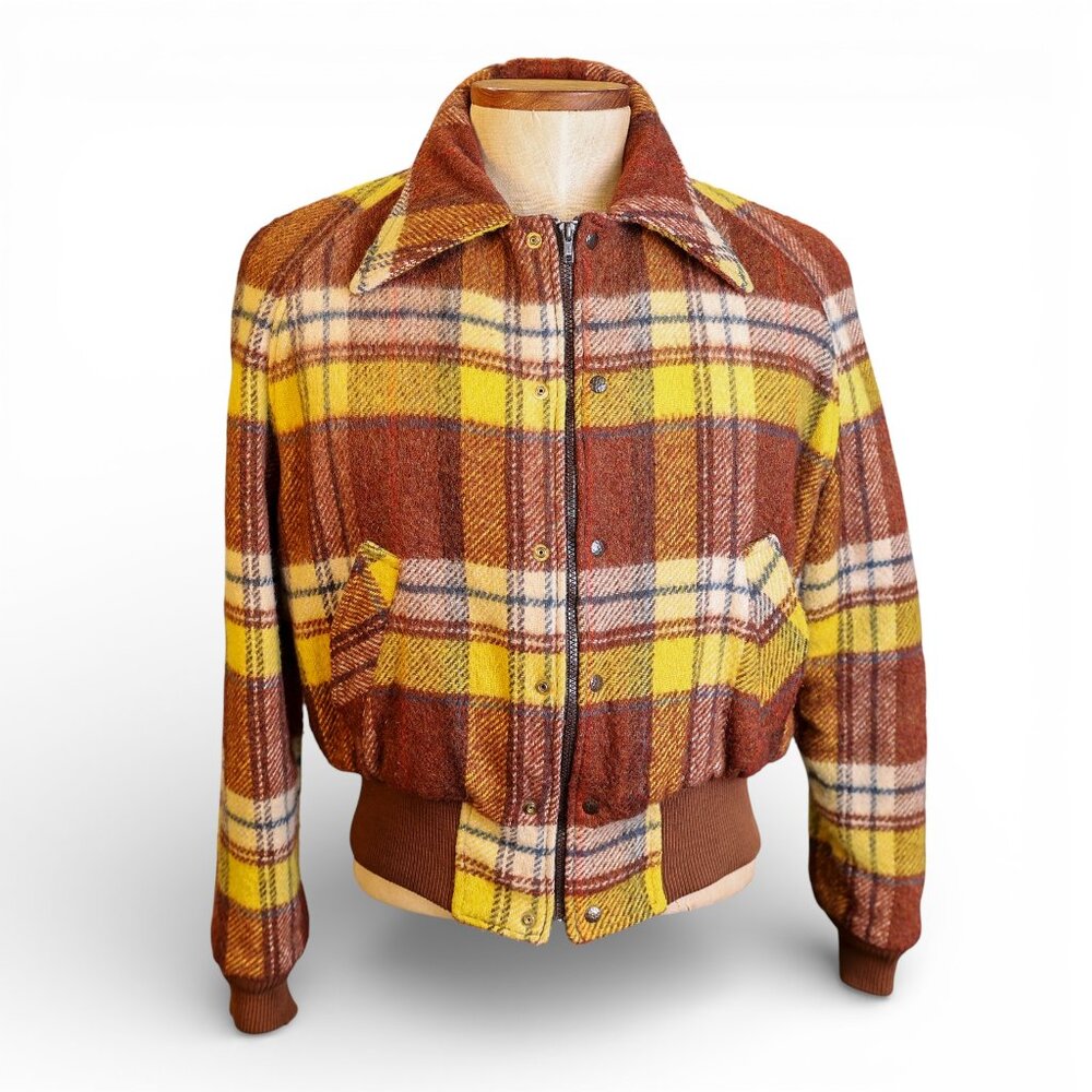 70s Harry Pollock Design SKM Plaid Bomber – Yellow & Brown Rockabilly Jacket